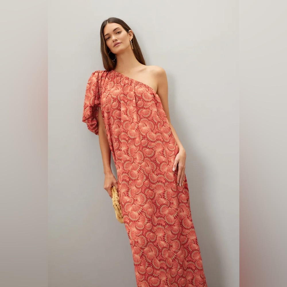 Lobo Rosa Valeria‎ One Shoulder Puff Sleeve Shell Print Maxi Dress Medium